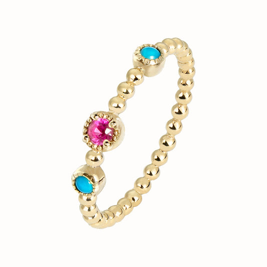 Bague fine : Or jaune avec saphir rose et turquoises, modèle Melissa - Maison Ypaga